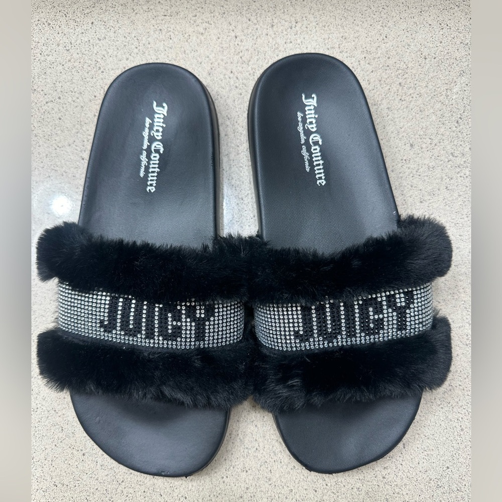 Juicy Couture Slides with Faux Fur and Rhinestones